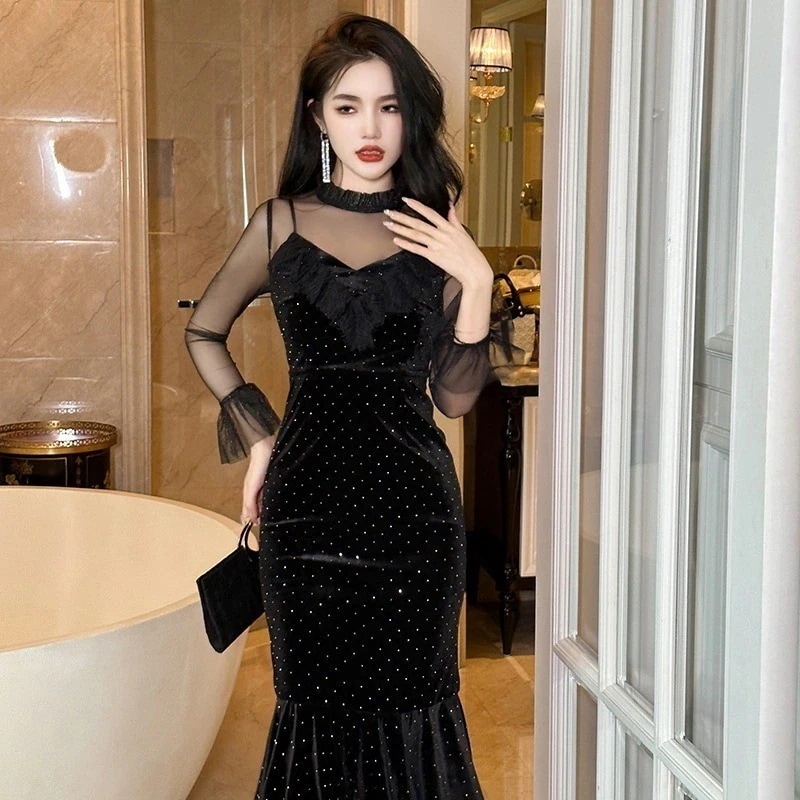2024春ワンピース秋ル水玉長袖セクシーロングキャバ大人ウェディング結婚式ドレスパーティードレスお呼ばれ披露宴