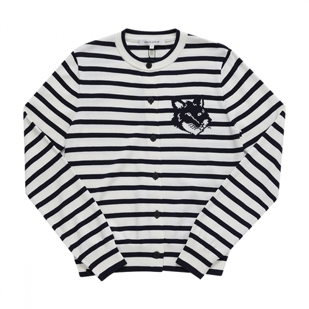 メゾンキツネ MW00502KT1102 S492 フォックスヘッドインターシャストライプクロップレディースカーディガン