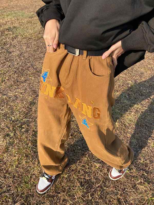 デニムパンツ レディース メンズ ジーンズ おしゃれ カジュアル 大きいサイズ ロゴ 星 刺繍 ストレート ワイドパンツ 韓国 ブラウン