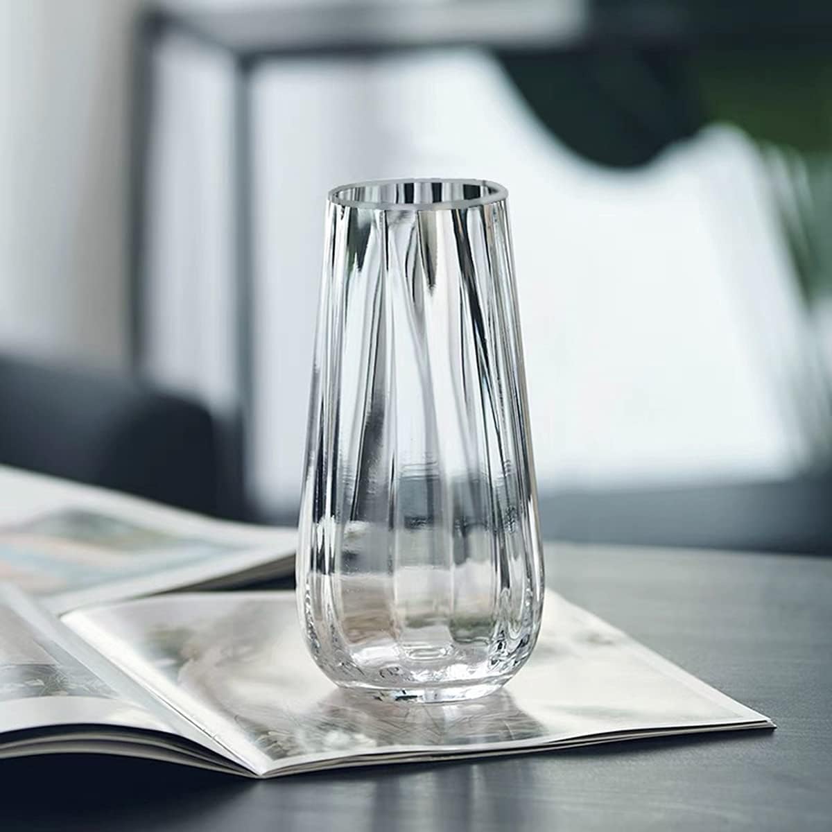透明ガラス製 広口シンプル花瓶 20cm グラデーション付き