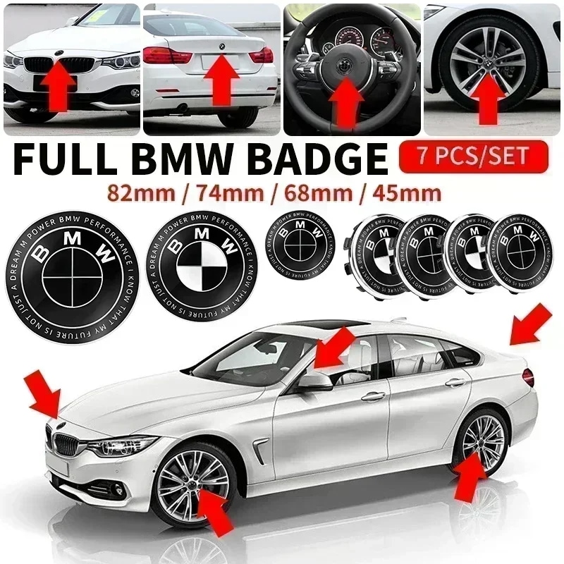 7点セット 45mm 68mm 74mm 82mm 車用 フロントボンネットエンブレム リアトランクバッジ ステアリングホイールロゴ BMW M F30 G01 E36 E39 E87 E46 E90