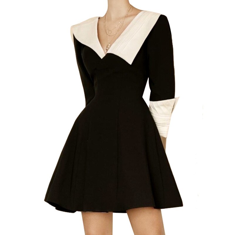 秋冬フレンチカジュアルヘプバーンドレスモノクロクラッシュカラーVネックスリム長袖ワンピース