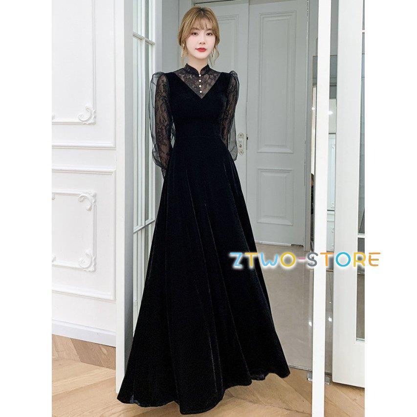 パーティードレス結婚式お呼ばれドレス袖ありロング長袖シースルー袖ロングドレス黒大きいサイズ3L小さいサイズ韓国おしゃれ