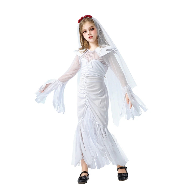 2025 ヨーロッパとアメリカのハロウィン子供用コスチューム ゴースト花嫁魔女コスチューム 面白いドレス 女の子ステージパフォーマンスコスチューム