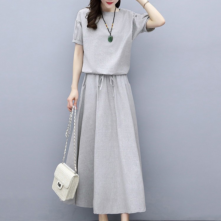 【韓国の人気爆発】 3色 綿麻 無地ラウンドネック ブラウス＋ Aライン ポケット付き スカート セットアップ