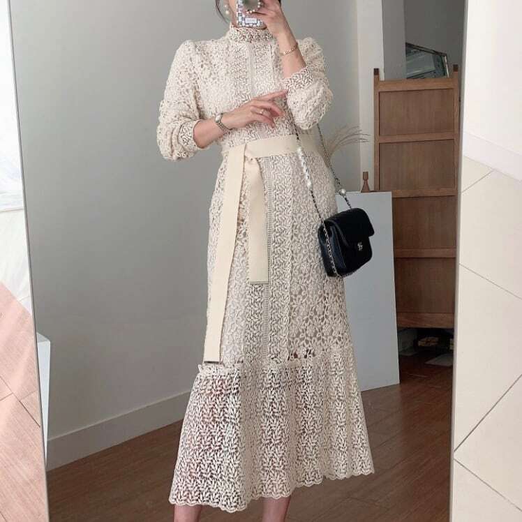 レディース マーメイド レース ワンピース 2color ハイネック ウエストリボン 長袖 大人可愛い ママコーデ ママファッション 韓国系 オルチャン 人気 トレンド 新作 20代 30代 40代