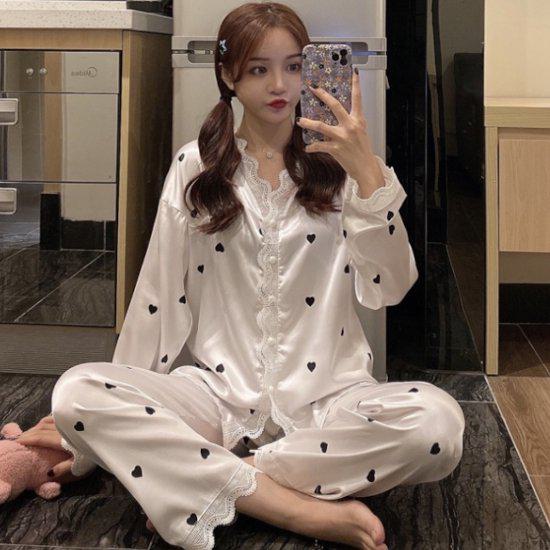 ルームウェア パジャマ レディース サテン生地 ハート柄 レース セットアップ 上下セット 長袖 おうち時間 おうちコーデ 春夏 大人可愛い お洒落 涼しげ かわいい 部屋着 寝間着 ナイトウエア リ