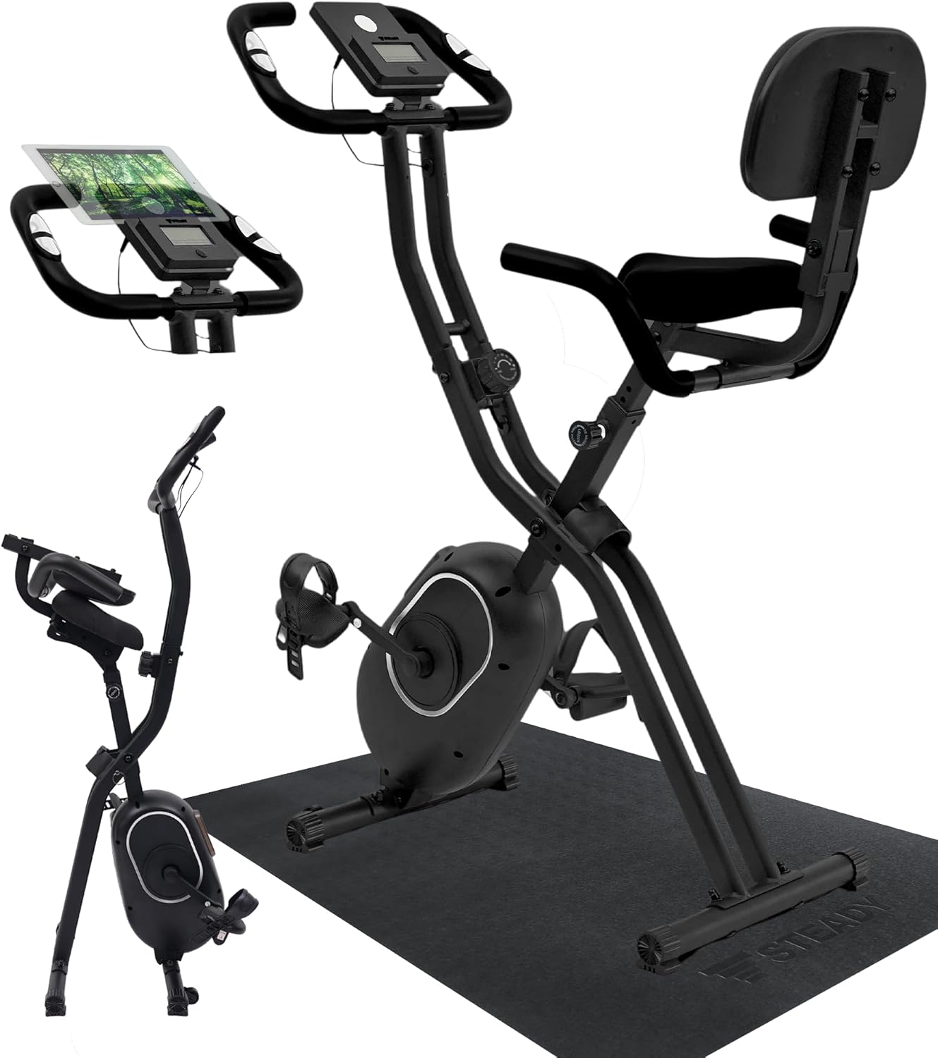 ブラック（マット付き） STEADY フィットネスバイク ブラック（マット付き）家庭用 静音 折り畳み 背もたれ付き タブレットホルダー/モニター付き Designed in Japan 独自開発の非