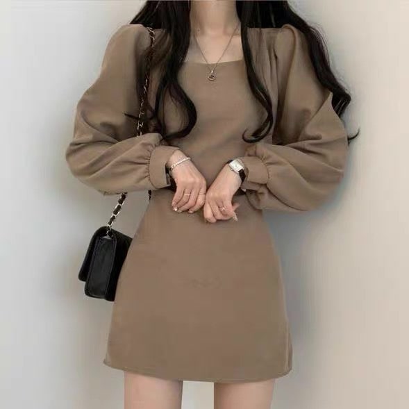 レディース ワンピース プルオーバー ミニ ショート 長袖 パフスリーブ スクエアネック Aライン フェミニン リボン ウエストリボン ファスナー ハイウエスト かわいい 大人可愛い きれいめ