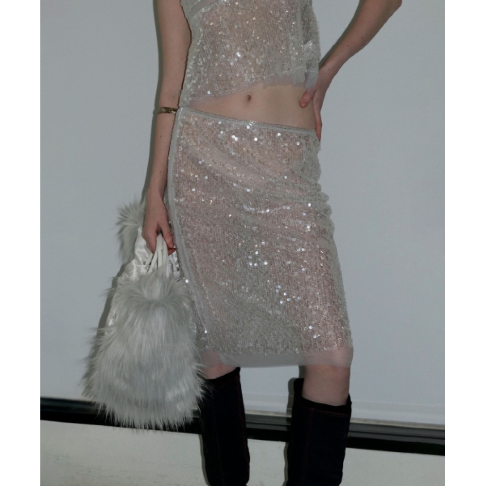 SCULPTOR スパンコールミディスカートアイスホワイト