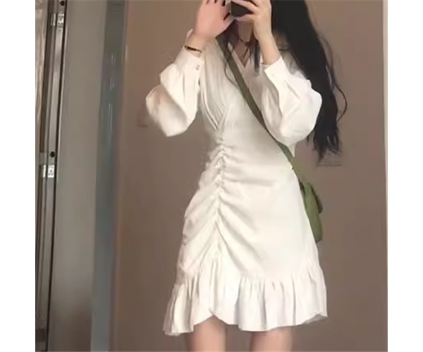 レディース ワンピース プルオーバー ミニ ショート アシンメトリー 左右非対称 長袖 Vネック Aライン プリーツ フリル ハイウエスト 異国風 かわいい シンプル カジュアル おしゃれ ガーリー