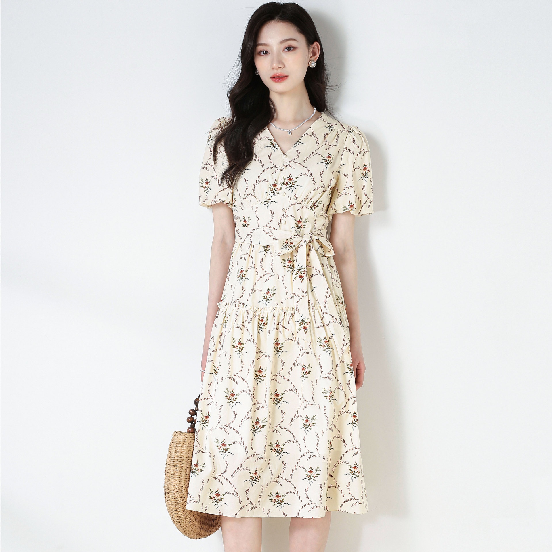 【送.料.無.料.急速発送】レトロVネックバブリースリーブ茶休スカート純綿プリントウエスト収納ワンピース