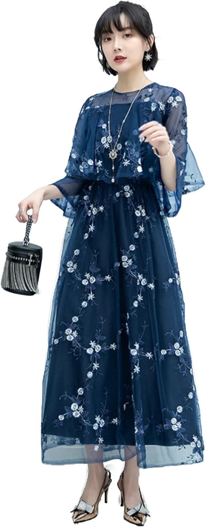 結婚式 ドレス ロング 個性的 Aライン レース 刺繍 ワンピース( ネイビー, 2XL)