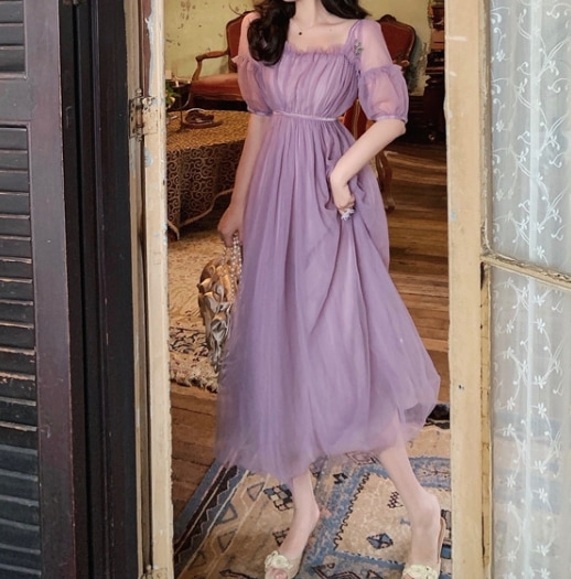 【取寄:納期2週間】リゾートワンピース レディース シフォン マキシ丈 ロングワンピース スクエアネック シア―ワンピース ギャザー フリル リゾートウェディング 夏 体型カバー リゾートワンピース