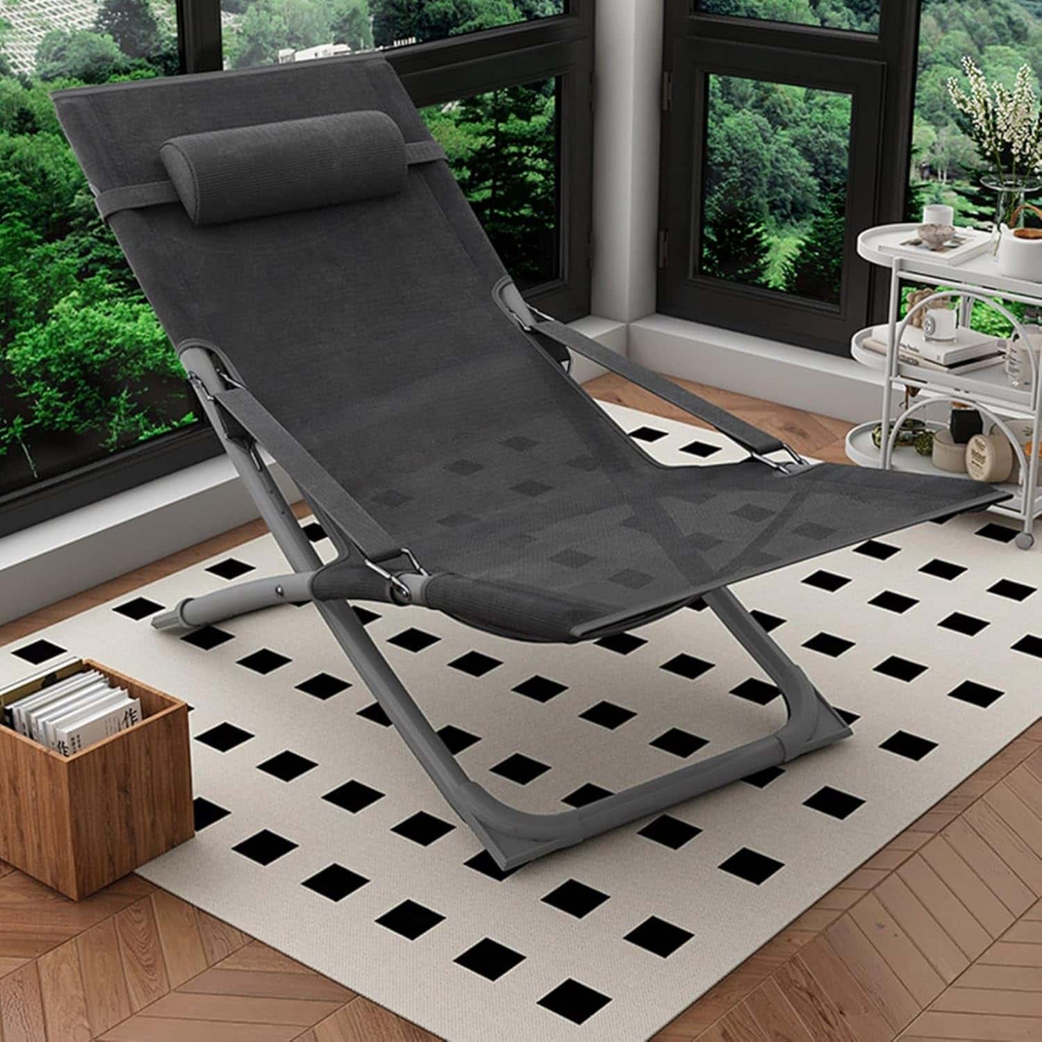 リクライニングチェア 折りたたみ 一人用 一人掛け リラックスチェア レジャーベッド 背付き 肘掛け 枕付き 仮眠 お部屋 オフィス 昼休み 昼寝 残業 自宅用 コンパクト収納 持ち運び便利 グレー