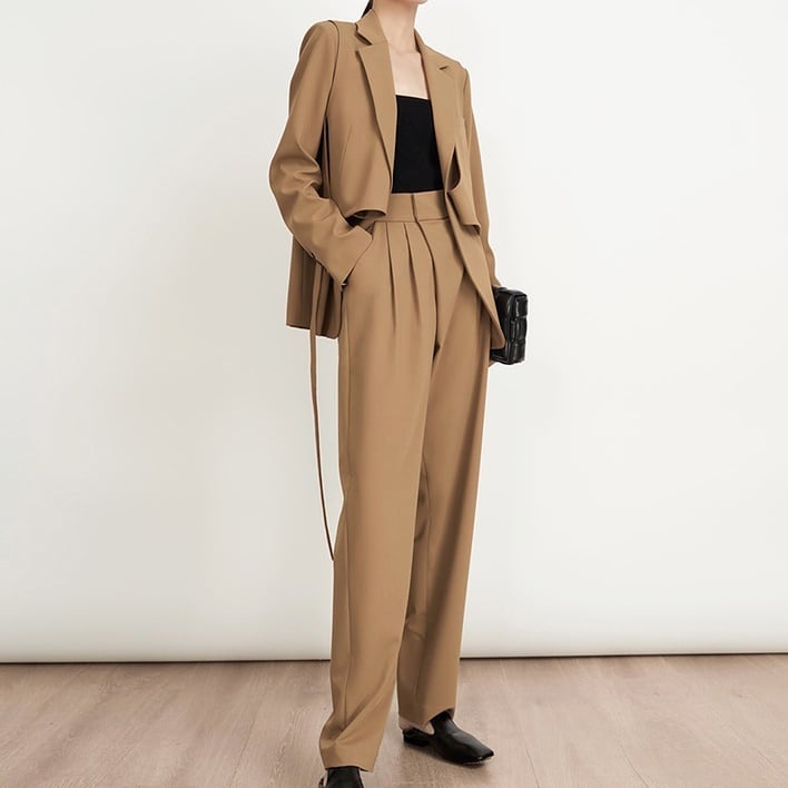 セットアップ スーツ パンツ ボトムス ジャケット ベルト付き レイヤード風 カシュクール ツータック 長袖 ロング アンクル丈 ハイウエスト ストレート 襟付き Vネック レトロ lsu0113