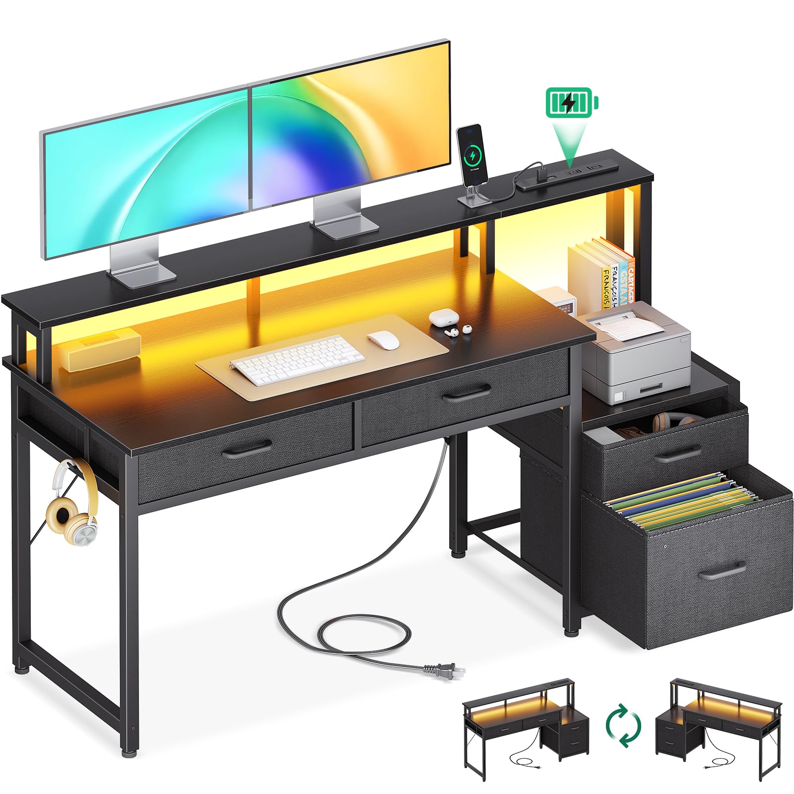 AODK パソコンデスク ゲーミングデスク 引き出し&コンセント付き 幅140cm 机 pcデスク 勉強机 gaming desk LED＆プリンター台付き オフィス/在宅ワーク/ゲーム用 左右入れ替