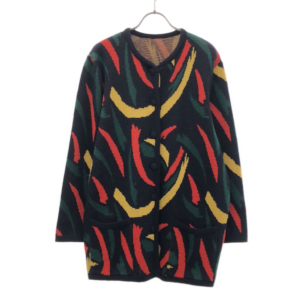 オールド 80s 90s 総柄 ニットジャケット 18 ネイビー OLD ビッグサイズ レディース