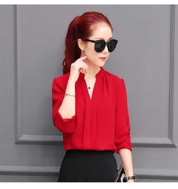 2299.とろみシャツブラウス(レッド) 2019 春夏 新作 大人 かわいい カジュアル きれいめ フェミニン 無地 シンプル OL 20代 30代 デート服 女子会 通勤 通学