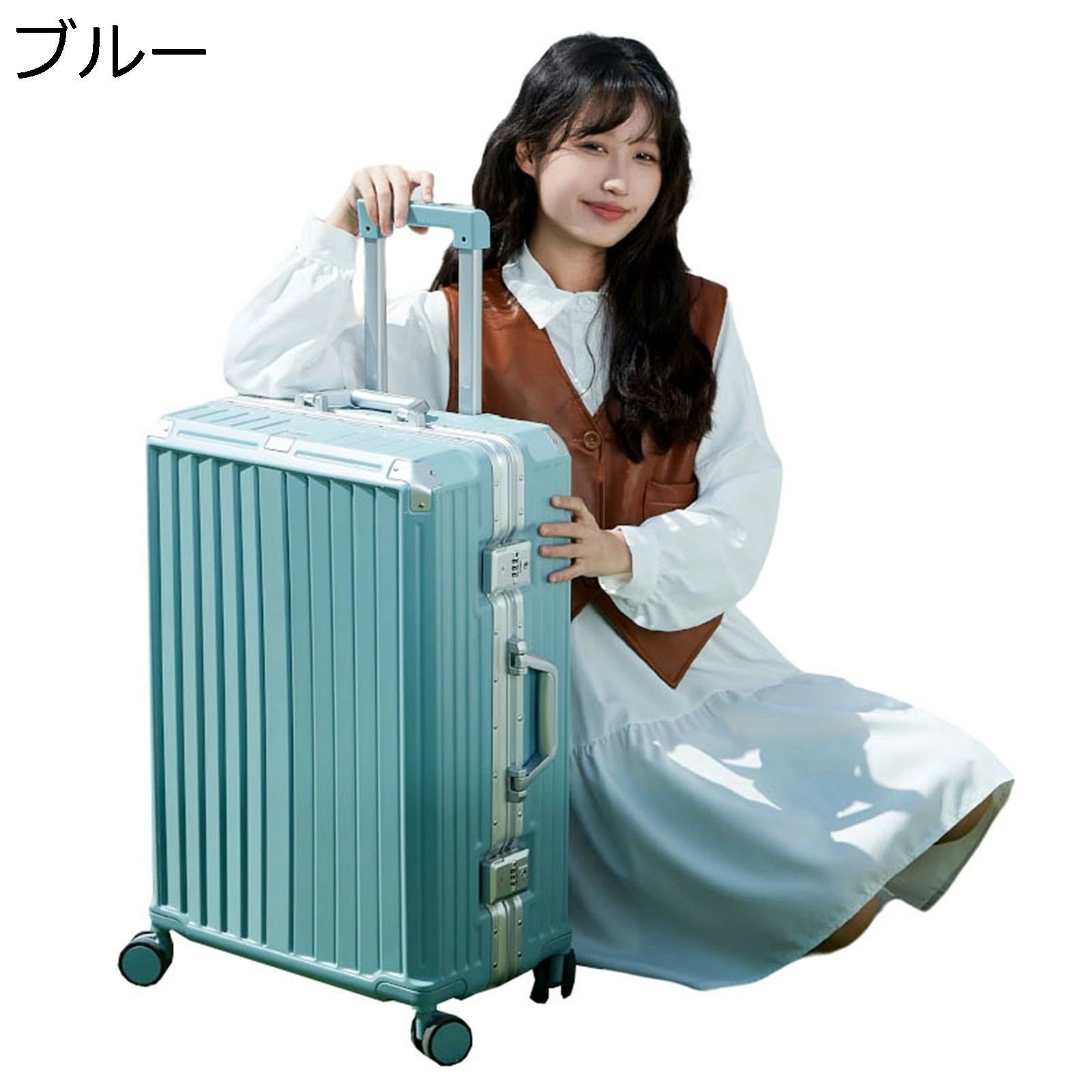 スーツケース キャリーバッグ ダブルキャスター 静音 360度回転 四角 耐衝撃 鍵付き 盗難防止 アルミフレーム 撥水加工 大容量 67L 収納便利 多段階キャリーバー 無地 ブルー 旅行 出張 通