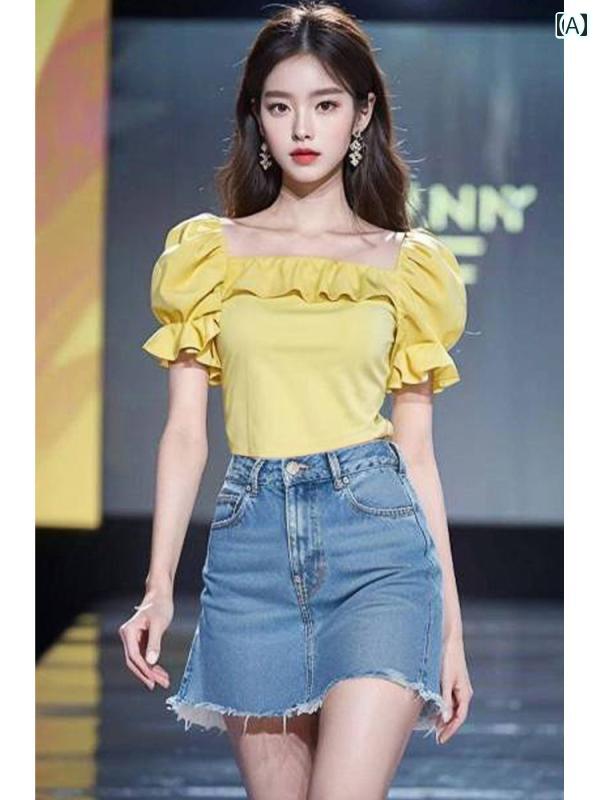 レディース ファッション 美しい シャツ ミルキー イエロー フリルシャツ 夏 半袖 トップスス