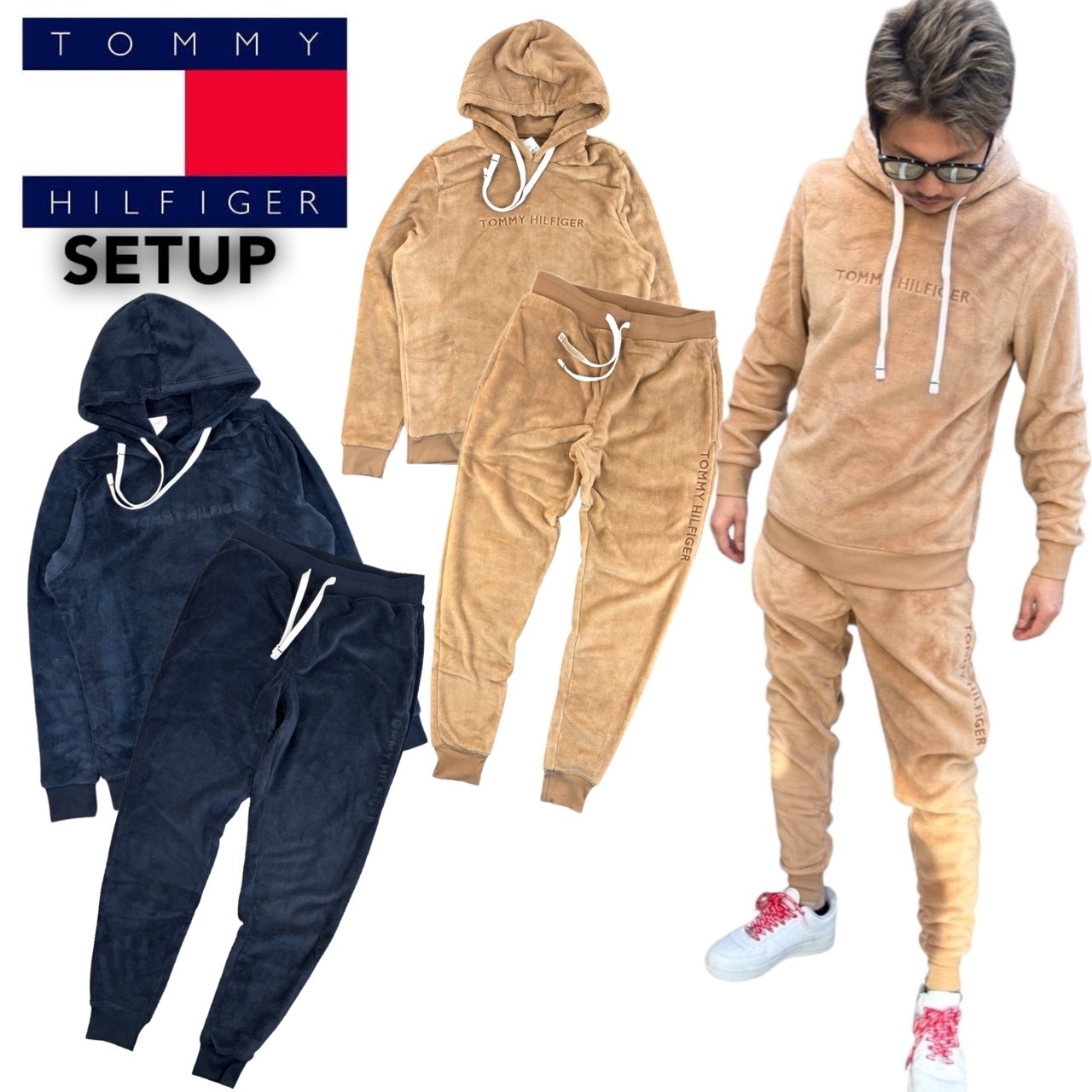 トミーヒルフィガー TOMMY HILFIGER ボア セットアップ 上下2点セット 09T4533/09T4534 パーカー スウェット フリース 刺繍ロゴ ジョガーパンツ ルームウェア