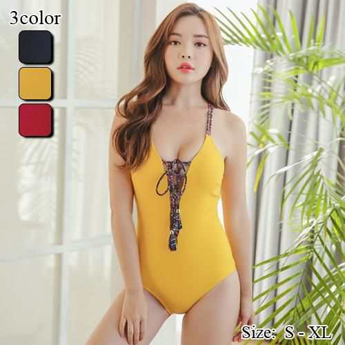 【グラシア】 水着 モノキニ レディース ビーチウェア スイムウェア 流行 海 プール センシャル リボン レースアップ 胸元 レース ネイビー イエロー レッド S M L モノキニ