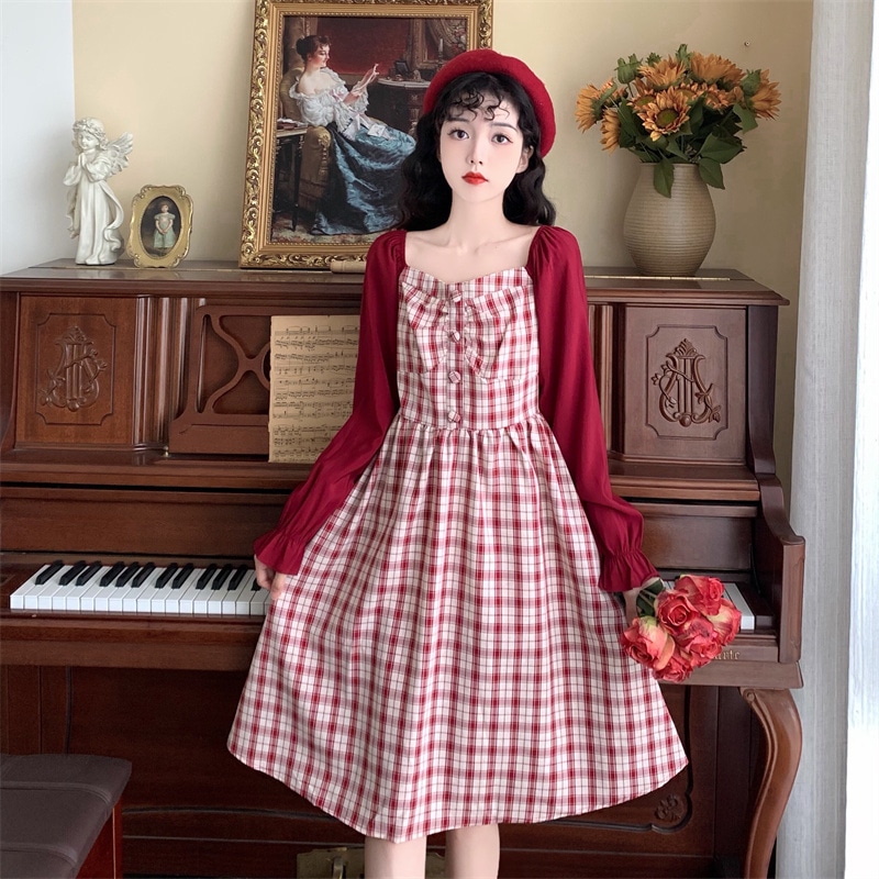 ワンピース レディース フェイクワンピース Aライン フレアスカート ひざ丈 膝丈 袖あり 長袖