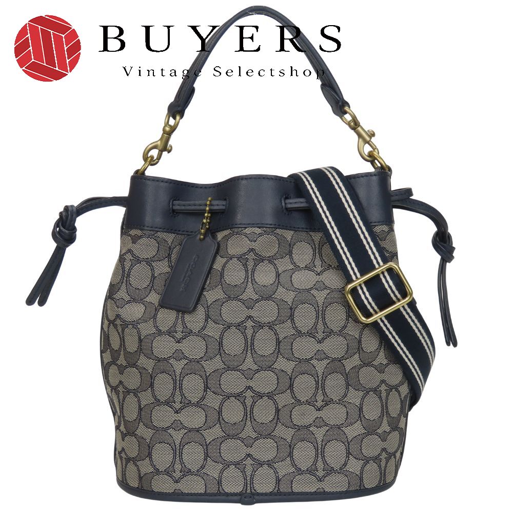 中古 ショルダーバッグ フィールド バケット C3853 シグネチャー キャンバス レザー ネイビー グレー系 2WAY 斜め掛け 肩掛け 巾着 手提げ レディース 女性