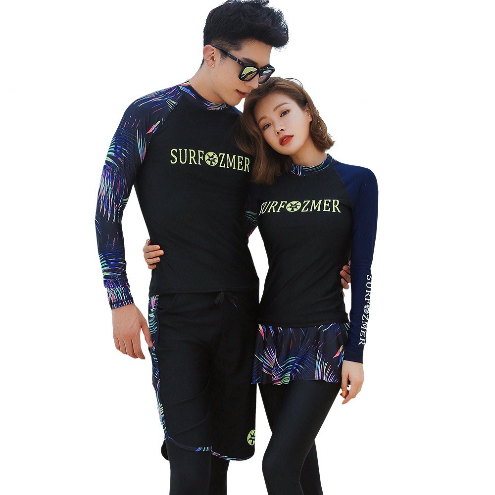 フィットネス水着 水着 ペア カップル ウェットスーツ リーフ柄 水着 体型カバー レディース メンズ お揃い セットアップ ラッシュガード 長袖 競泳水着 練習用 大きいサイズ フィットネス水着