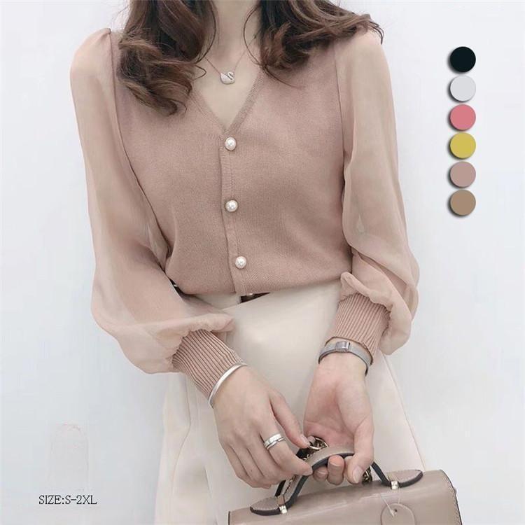 【超お得1つ買うと10個もらえる】急速出荷2025年5月新品シャツ シャツブラウス ブラウス トップス 前開き レディース Vネック 長袖 無地 シフォン 大きいサイズ パフスリーブ ベーシック きれ