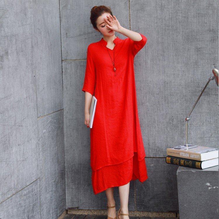 夏 ワンピース レディース 5分袖 お洒落 シンプル Vネック ロング丈 ワンピ 大人カジュアル チャイナ風 綺麗め レイヤード Aライン