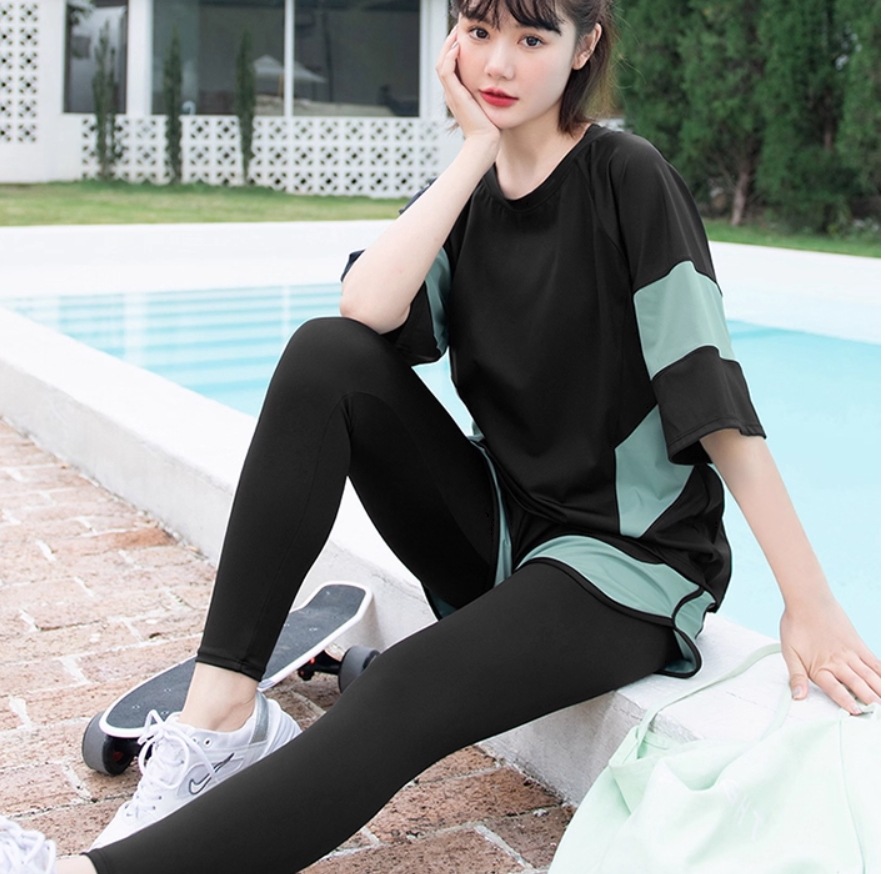 水着 フィットネ ススポーツスプリット タンキニ 体型カバー ラッシュガード 短パン レギンス セパレート 半袖 セット スリーピース かわいい シンプル カジュアル ナチュラル おしゃれ 存在感