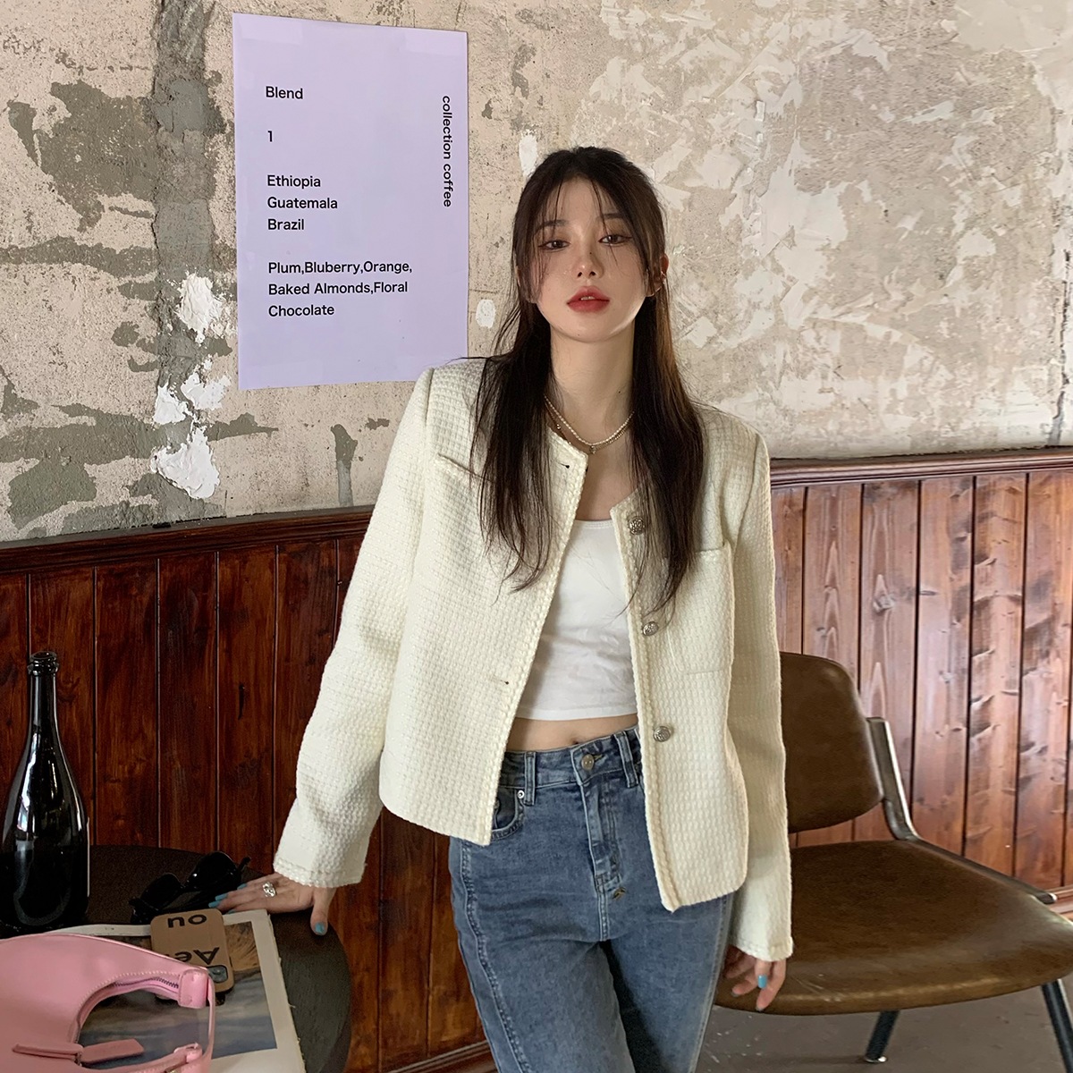 レトロ ショート丈 ノーカラー 襟なし ジャケット 韓国ファッション ホワイト 白 ブラック 黒