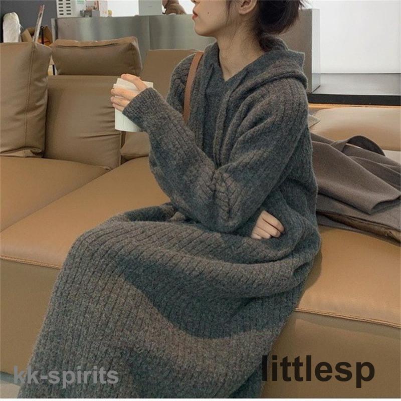 ニットドレスのための女性40 50 クリーンスタイル秋冬ソリッドカラーラウンドネックスリーブロング長さa