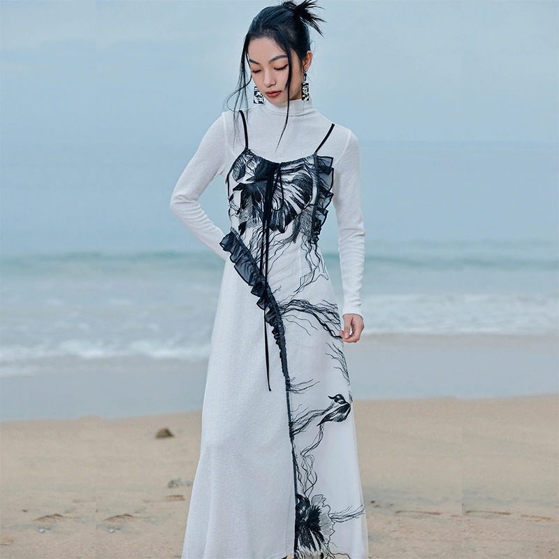 【快速出荷】ニットワンピース ロング ハイネック 花柄 重ね着 ワンピース 長袖 切り替えドレス 白 パーティードレス 春