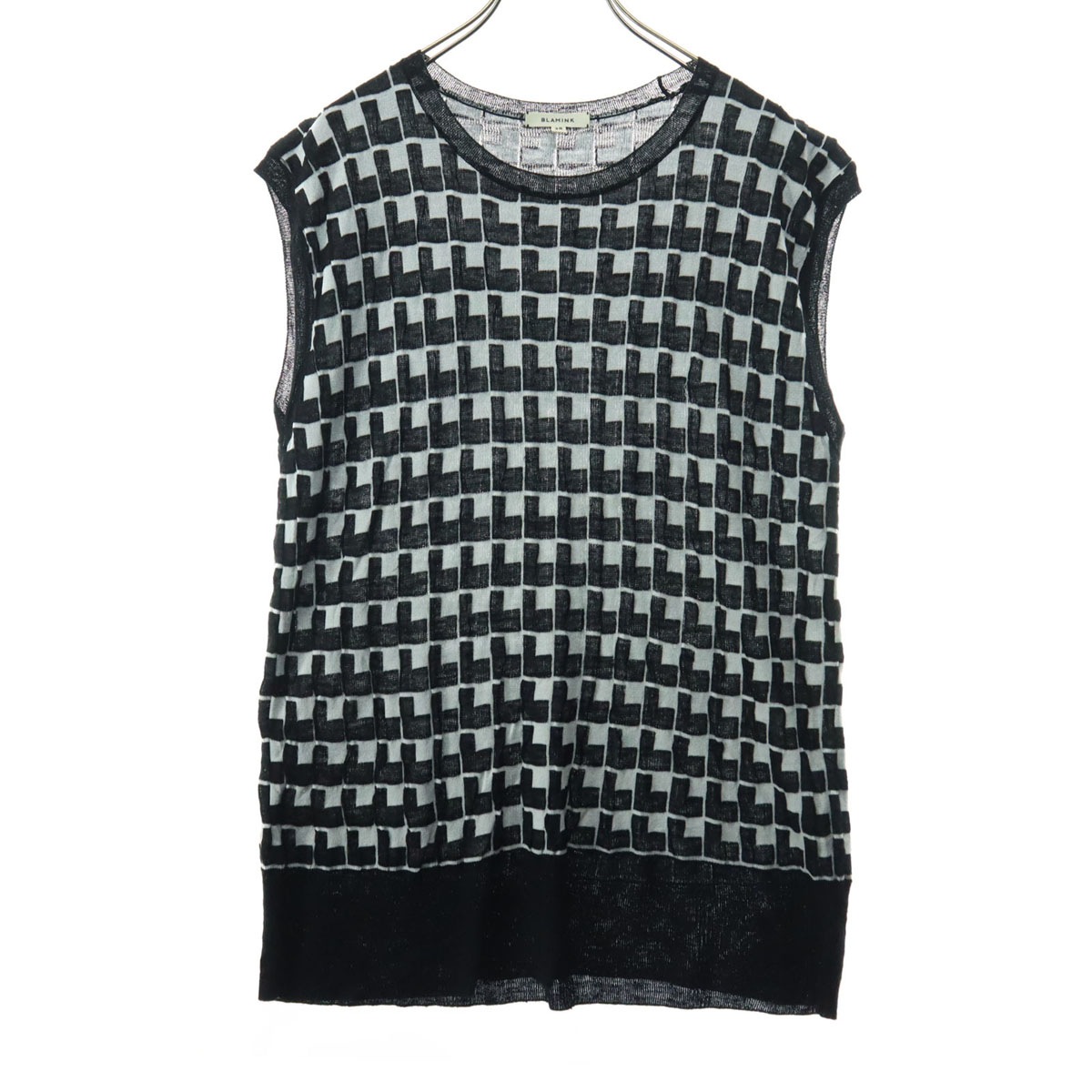 美品 BLAMINK ブラミンク 総柄 ノースリーブ サマー ニット 38 ブラック レディース 古着