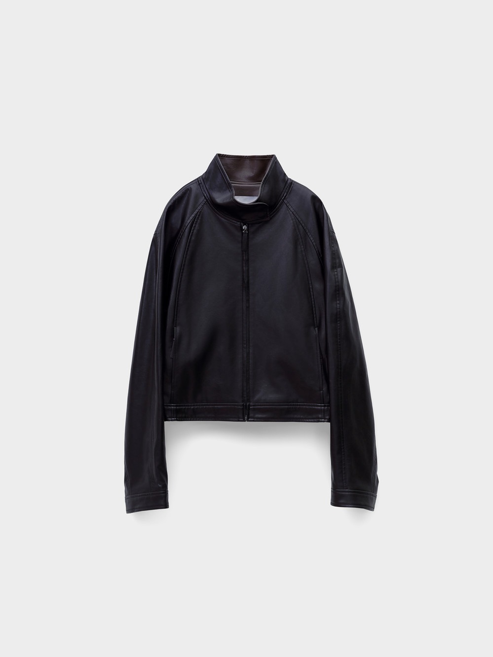【LOW CLASSIC】 26SS STAND COLLAR ARTIFICIAL LEATHER JUMPER : BLACK