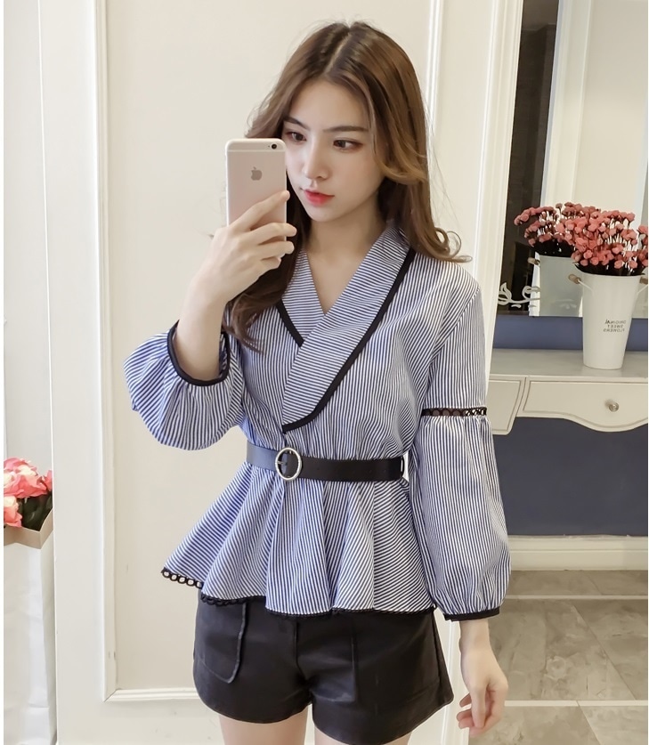 2337.ぺプラムストライプベルト付カシュクールトップス(ブルー) 2019 春夏 新作 大人 かわいい カジュアル OL 20代 30代 デート服 女子会 Vネック ボリューム袖 ウエストマ 100,000円