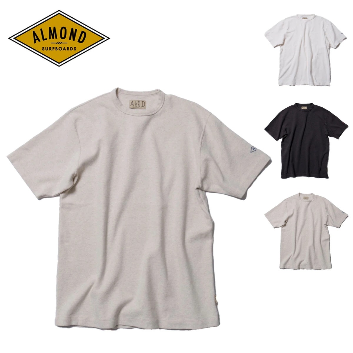 アーモンド サーフボード Tシャツ トップス Almond Surfboards RIB KNIT S/S TEE 半袖 刺繍ロゴ ブランドロゴ コットン 日本製 伸縮 リブニット