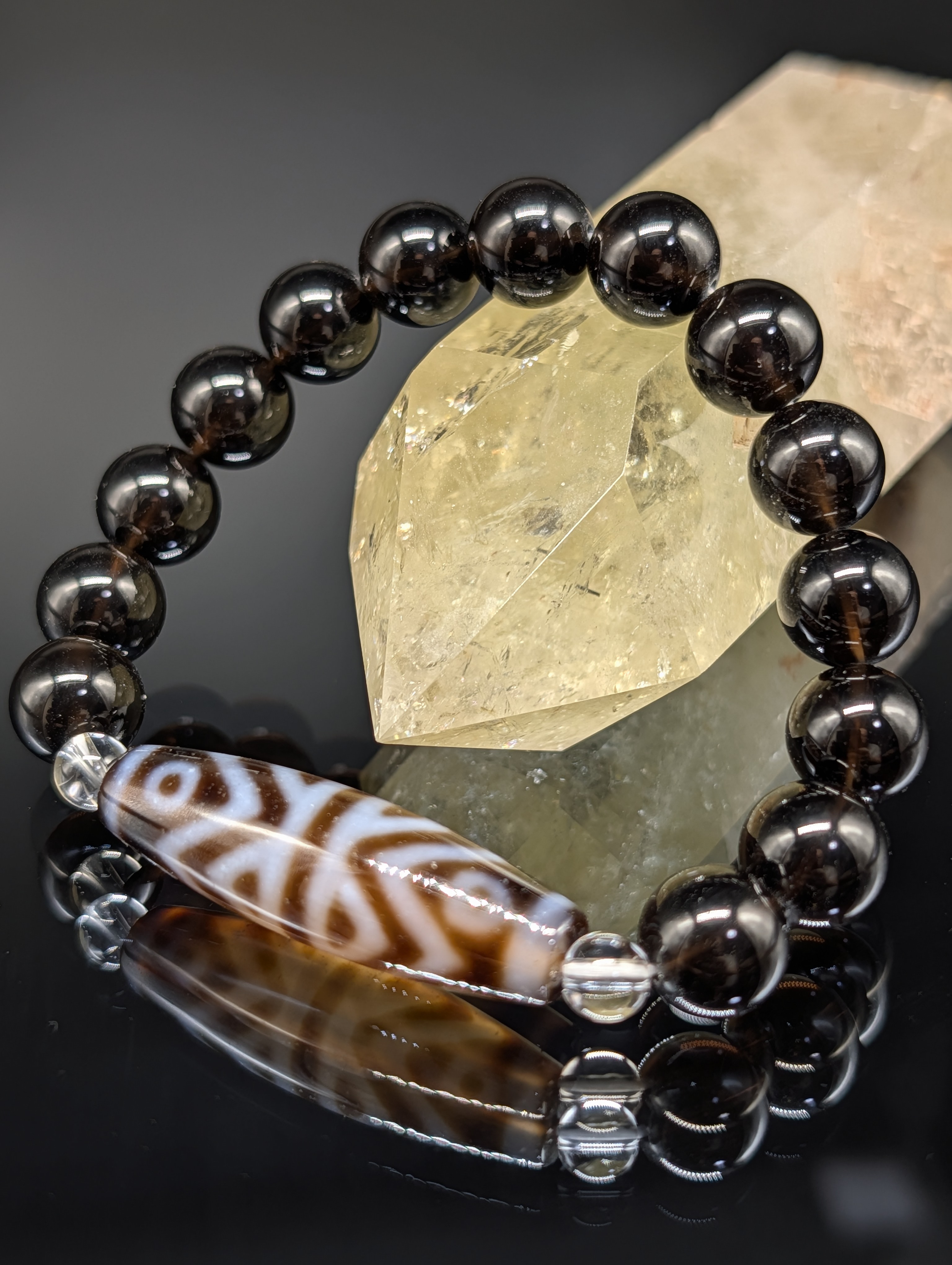 パワーストーン 金剛虎六眼天珠 モリオン 10mm 天珠38×12mm 水晶6mm ブレスレット 最強守護 最高波動 金運上昇 メンズ レディース