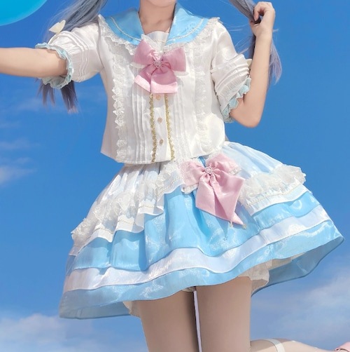 全3カラー　セーラー襟フリルセットアップ（帽子なし） ロリータ セーラー服 スーツ 夏