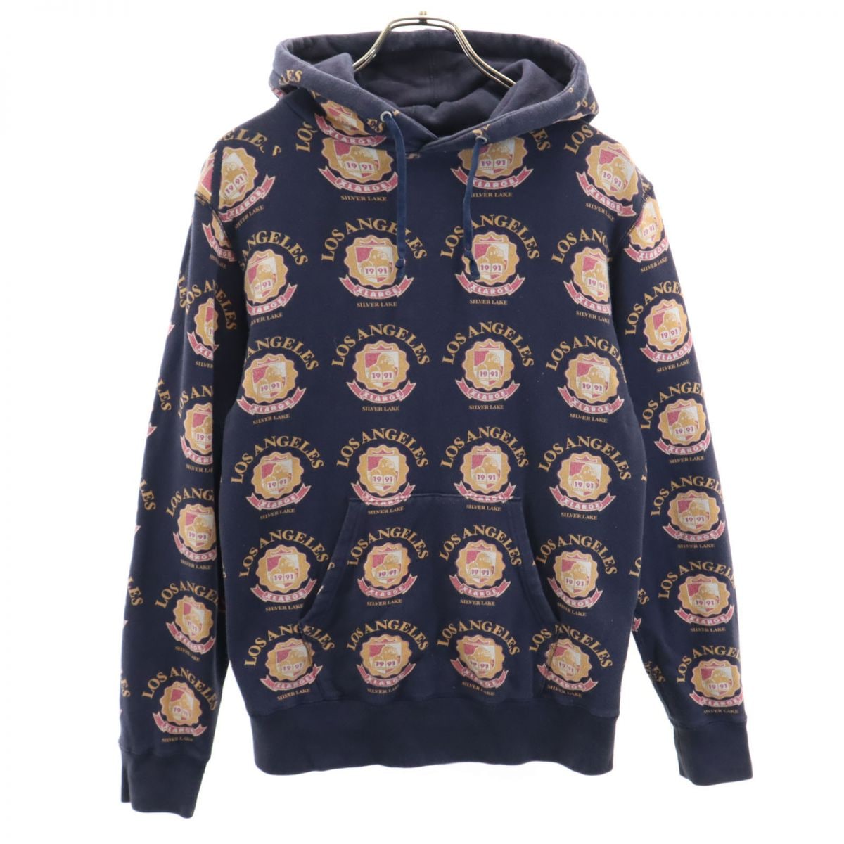 総柄 長袖 スウェットパーカー S ブルー系 裏起毛 メンズ