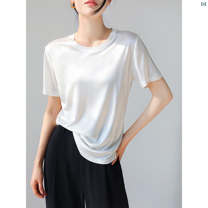 レディース ファッション　レディース　カジュアル　上品　綺麗　外出 ブラック アセテート サテン 半袖 ボトムス トップ 夏 薄手 通勤 ラウンドネック インナー Tシャツ 上級