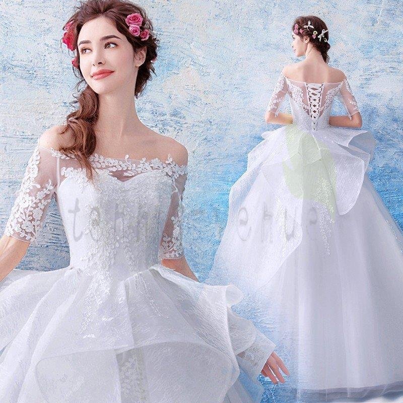 ウェディングドレス 安い パーティー 結婚式 袖あり 白 大きいサイズ 花嫁 ドレス 姫系 披露宴