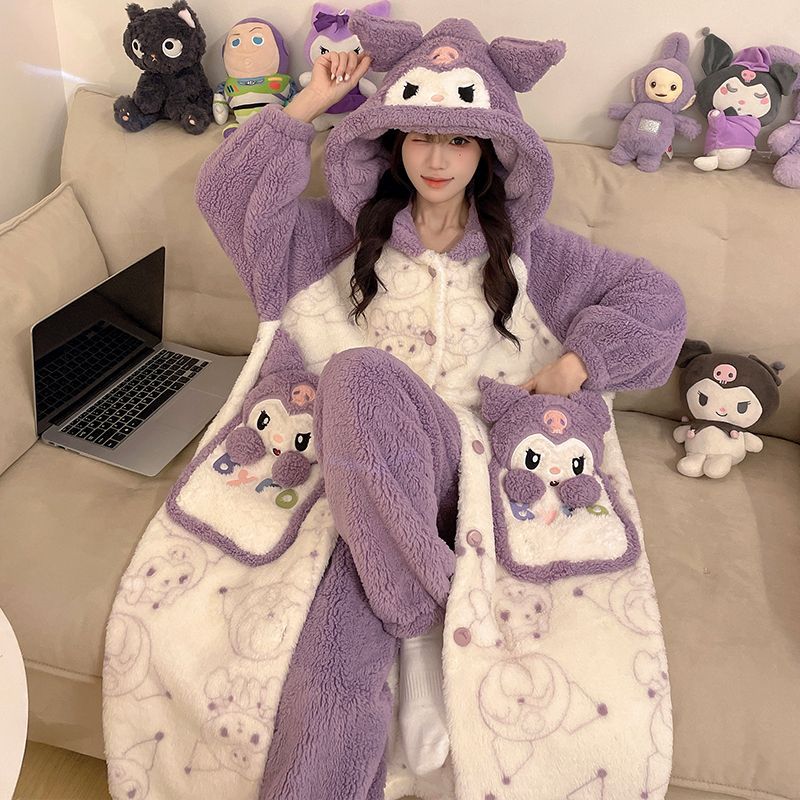 【迅速な出荷】クロミー寝衣女性秋冬モコモコバスローブベルベットとベルベット厚いフランネル新しいパジャマ長い家庭服セット