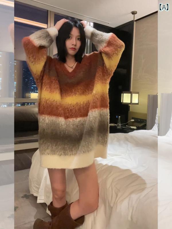 セーター レディース 長袖 トップス プルオーバー Vネック アメリカン レトロ おしゃれ カジュアル グラデーション ストライプ オレンジ