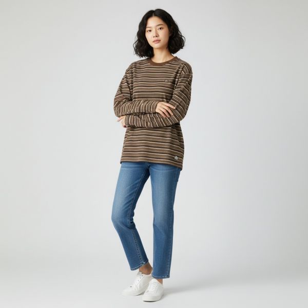ソフトフリースストライプTシャツ ブラウン