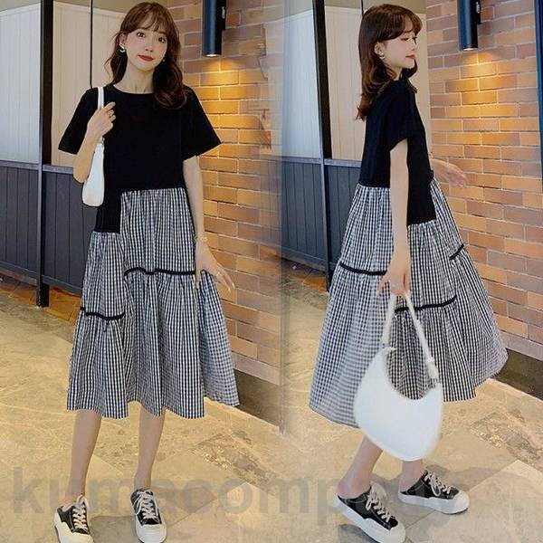ギンガムチェック Tシャツ ワンピース レディース 夏 春 ドッキングワンピース 半袖 膝丈 黒 アシンメトリー シャツワンピース 切り替え 大きいサイズ 3L 4L 5L ゆったり 大人可愛い カジ