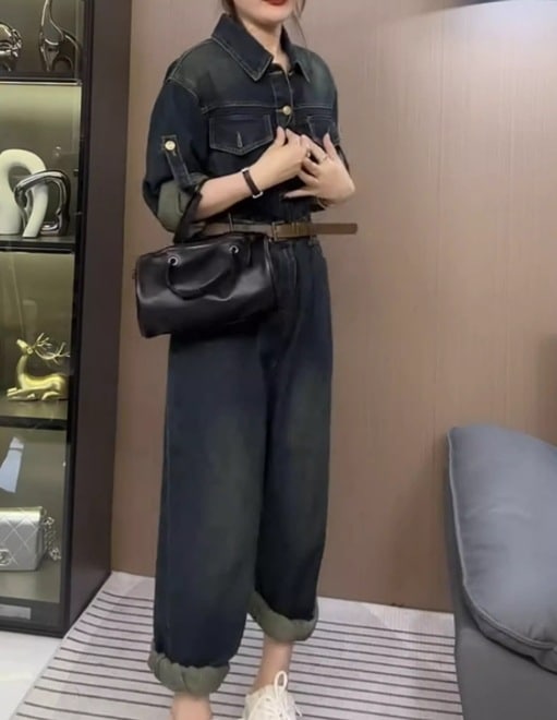 レディース パンツ オールインワン 長袖 襟付き ベルト ウエストマーク デニム ブルーデニム かわいい 大人可愛い シンプル カジュアル おしゃれ かっこいい こなれ感 ラフ クール カントリー